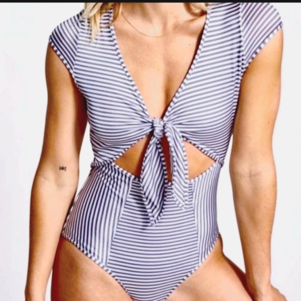 Athleta Blue and White Striped One Piece Swimsuit